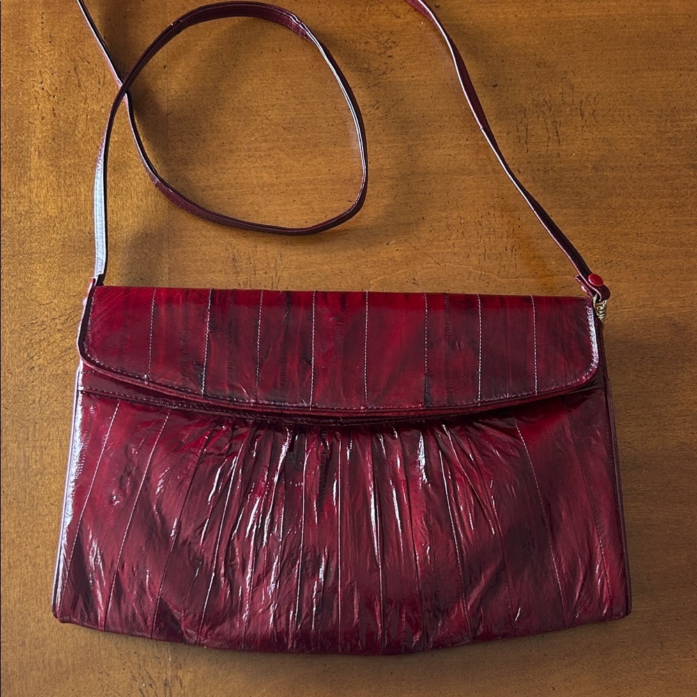 Vintage Made in Korea Genuine Eel Skin Burgundy Rouched Shoulder Bag/Clutch - Picture 3 of 8